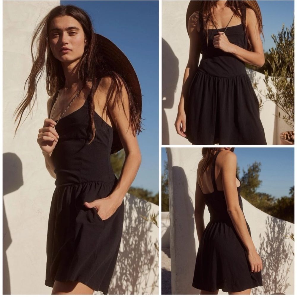 Free People Beach Castella Casual Mini Dress Size Medium Black Pockets Stretch